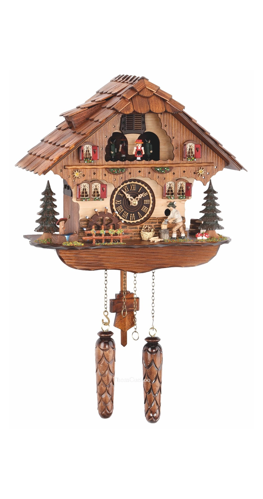 นาฬิกากุ๊กกูเยอรมัน Black Forest Germany ระบบ Quartz พร้อมเสียงดนตรี บ้านไม้สไตล์ Black Forest คนตัดไม้เคลื่อนไหว กังหันน้ำหมุนได้ รหัสสินค้า 0284