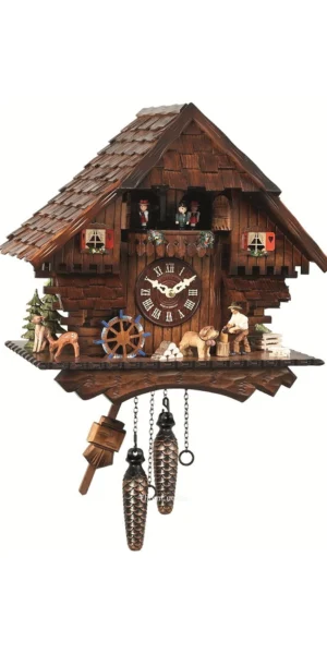นาฬิกากุ๊กกูเยอรมัน Black Forest Germany ระบบ Quartz พร้อมเสียงดนตรี บ้านไม้สไตล์ Black Forest คนตัดไม้เคลื่อนไหว กังหันน้ำหมุนได้ รหัสสินค้า 0286