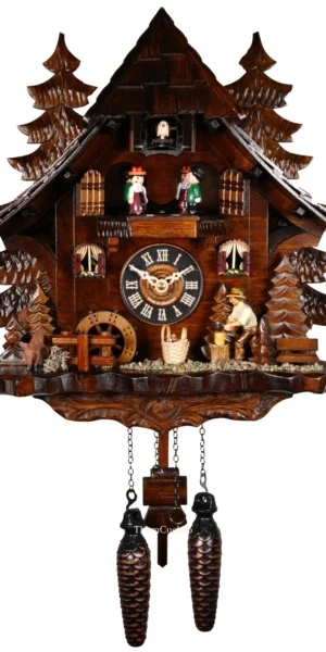 นาฬิกากุ๊กกูเยอรมัน Black Forest Germany ระบบ Quartz พร้อมเสียงดนตรี บ้านไม้สไตล์ Black Forest คนตัดไม้เคลื่อนไหว กังหันน้ำหมุนได้ รหัสสินค้า 0287