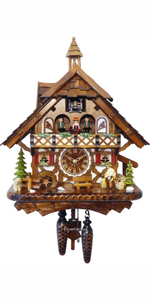 นาฬิกากุ๊กกูเยอรมัน Black Forest Germany ระบบ Quartz พร้อมเสียงดนตรี บ้านไม้สไตล์ Black Forest คนตัดไม้เคลื่อนไหว กังหันน้ำหมุนได้ รหัสสินค้า 0292