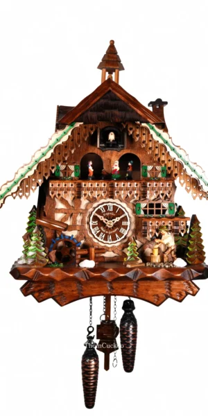 นาฬิกากุ๊กกูเยอรมัน Black Forest Germany ระบบ Quartz พร้อมเสียงดนตรี บ้านไม้สไตล์ Black Forest คนตัดไม้เคลื่อนไหว กังหันน้ำหมุนได้ รหัสสินค้า 0296