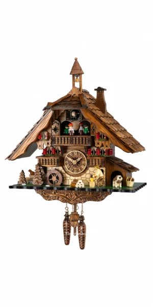 นาฬิกากุ๊กกูเยอรมัน Black Forest Germany ระบบ Quartz พร้อมเสียงดนตรี บ้านไม้สไตล์ Black Forest คนตัดไม้เคลื่อนไหว กังหันน้ำหมุนได้ รหัสสินค้า 0298