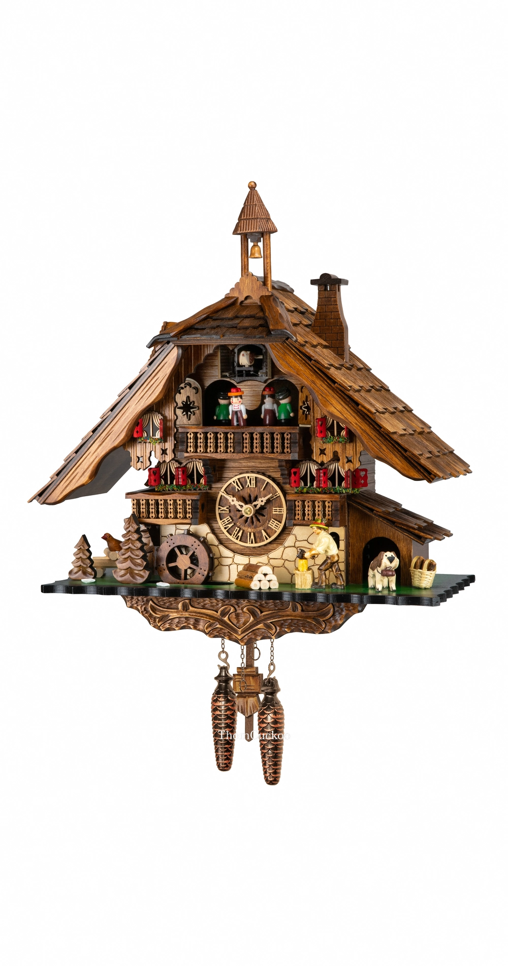 นาฬิกากุ๊กกูเยอรมัน Black Forest Germany ระบบ Quartz พร้อมเสียงดนตรี บ้านไม้สไตล์ Black Forest คนตัดไม้เคลื่อนไหว กังหันน้ำหมุนได้ รหัสสินค้า 0298