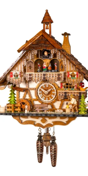 นาฬิกากุ๊กกูเยอรมัน Black Forest Germany ระบบ Quartz พร้อมเสียงดนตรี บ้านไม้สไตล์ Black Forest คนตัดไม้เคลื่อนไหว กังหันน้ำหมุนได้ รหัสสินค้า 0305