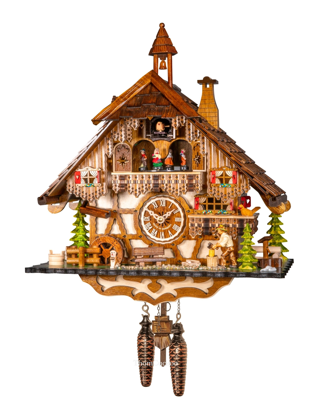 นาฬิกากุ๊กกูเยอรมัน Black Forest Germany ระบบ Quartz พร้อมเสียงดนตรี บ้านไม้สไตล์ Black Forest คนตัดไม้เคลื่อนไหว กังหันน้ำหมุนได้ รหัสสินค้า 0305