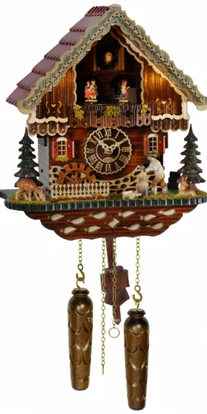 นาฬิกากุ๊กกูเยอรมัน Black Forest Germany ระบบ Quartz พร้อมเสียงดนตรี บ้านไม้สไตล์ Black Forest คนตัดไม้เคลื่อนไหว กังหันน้ำหมุนได้ มีไฟประดับ รหัสสินค้า 0306