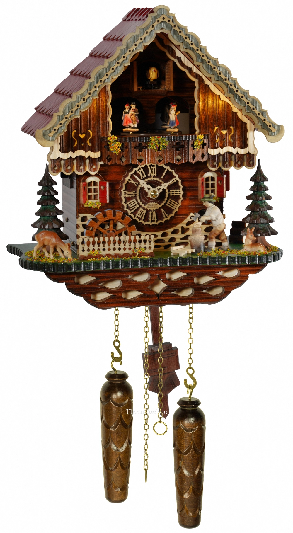 นาฬิกากุ๊กกูเยอรมัน Black Forest Germany ระบบ Quartz พร้อมเสียงดนตรี บ้านไม้สไตล์ Black Forest คนตัดไม้เคลื่อนไหว กังหันน้ำหมุนได้ มีไฟประดับ รหัสสินค้า 0306