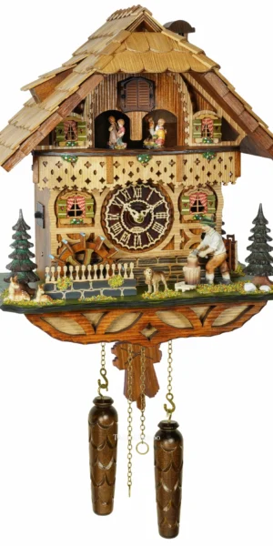 นาฬิกากุ๊กกูเยอรมัน Black Forest Germany ระบบ Quartz พร้อมเสียงดนตรี บ้านไม้สไตล์ Black Forest คนตัดไม้เคลื่อนไหว กังหันน้ำหมุนได้ รหัสสินค้า 0313