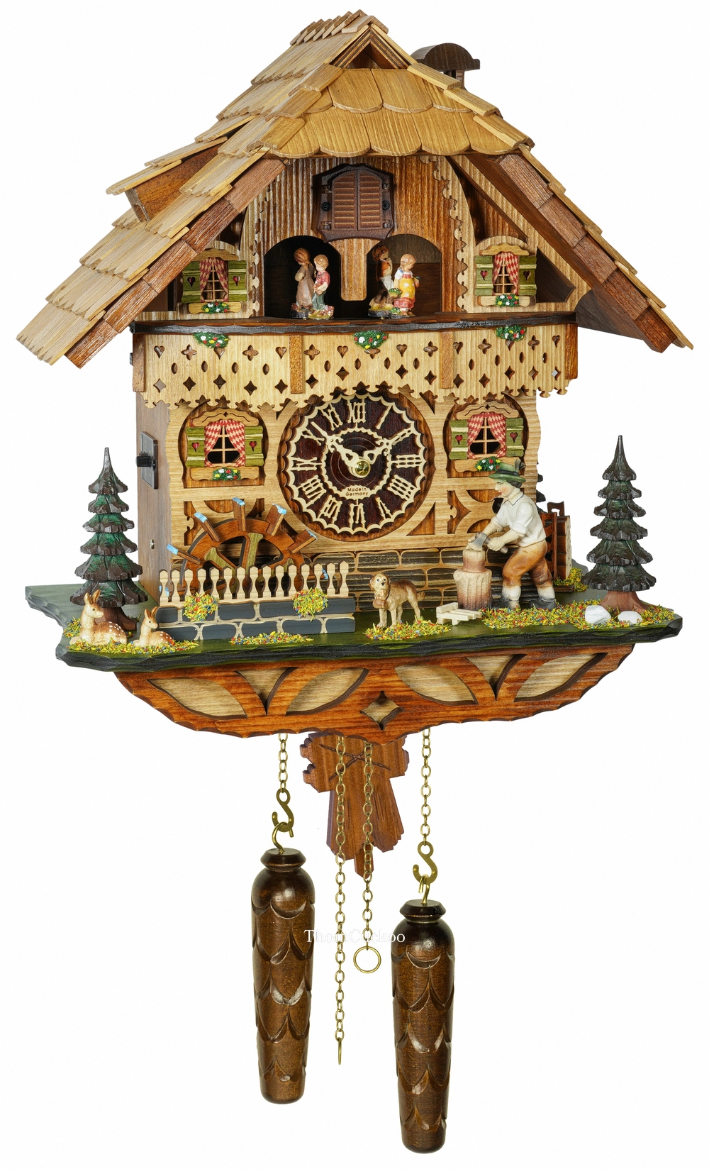 นาฬิกากุ๊กกูเยอรมัน Black Forest Germany ระบบ Quartz พร้อมเสียงดนตรี บ้านไม้สไตล์ Black Forest คนตัดไม้เคลื่อนไหว กังหันน้ำหมุนได้ รหัสสินค้า 0313