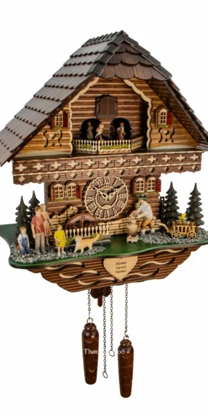 นาฬิกากุ๊กกูเยอรมัน Black Forest Germany ระบบ Quartz พร้อมเสียงดนตรี บ้านไม้สไตล์ Black Forest คนตัดไม้เคลื่อนไหว กังหันน้ำหมุนได้ ตุ๊กตาเต้นระบำ รหัสสินค้า 0318
