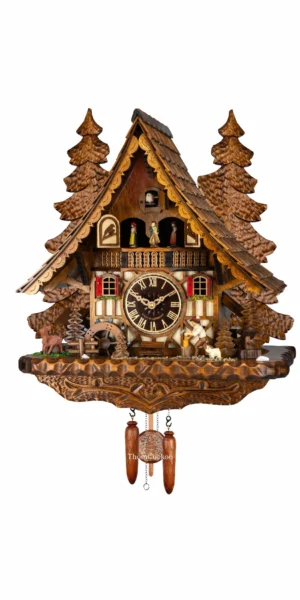 นาฬิกากุ๊กกูเยอรมัน Black Forest Germany ระบบ Quartz พร้อมเสียงดนตรี บ้านไม้สไตล์ Black Forest คนตัดไม้เคลื่อนไหว กังหันน้ำหมุนได้ รหัสสินค้า 0321