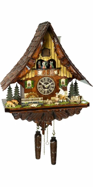 นาฬิกากุ๊กกูเยอรมัน Black Forest Germany ระบบ Quartz พร้อมเสียงดนตรี บ้านไม้สไตล์ Black Forest คนตัดไม้เคลื่อนไหว กังหันน้ำหมุนได้ ตุ๊กตาเต้นระบำ รหัสสินค้า 0329