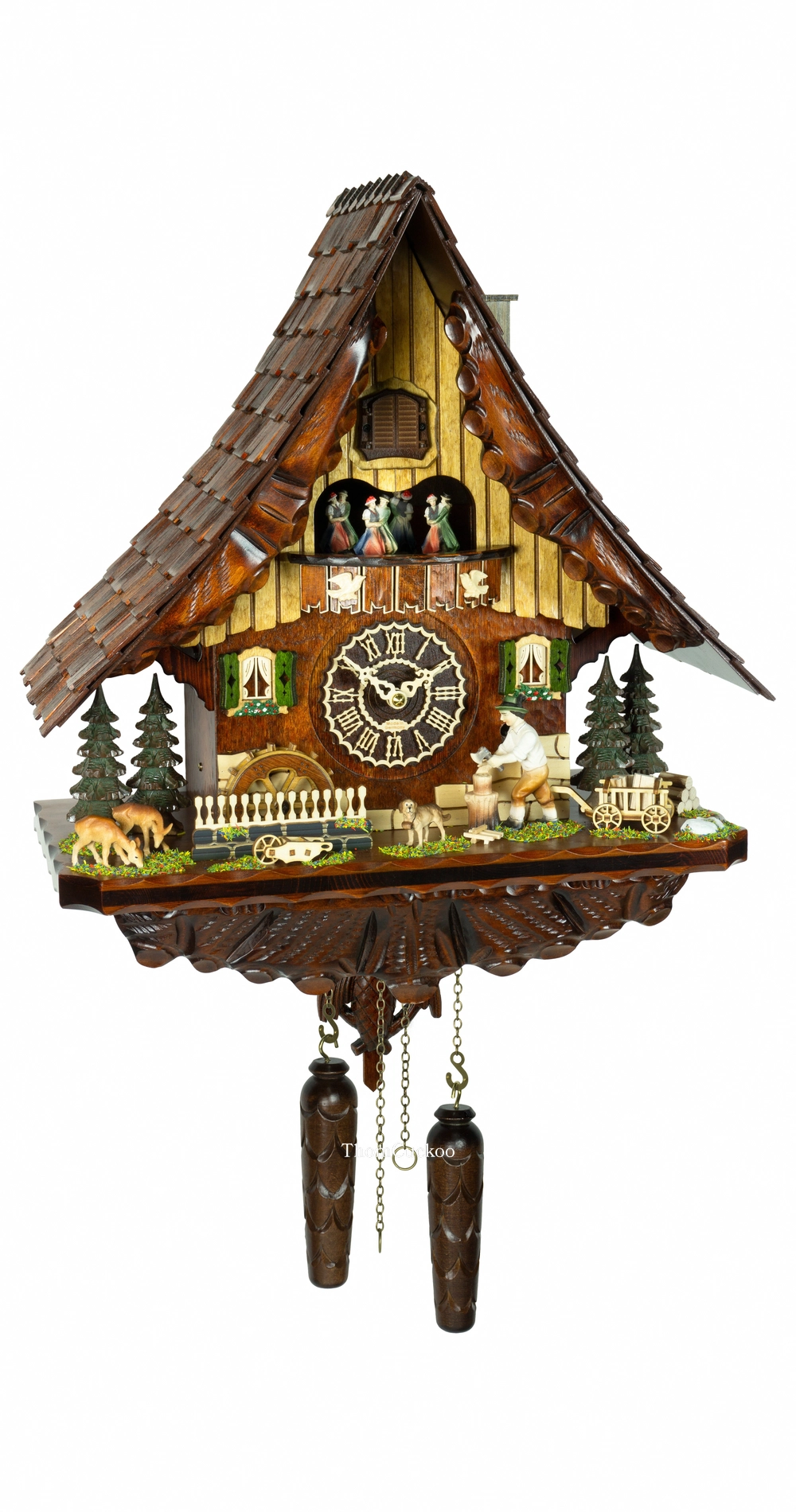 นาฬิกากุ๊กกูเยอรมัน Black Forest Germany ระบบ Quartz พร้อมเสียงดนตรี บ้านไม้สไตล์ Black Forest คนตัดไม้เคลื่อนไหว กังหันน้ำหมุนได้ ตุ๊กตาเต้นระบำ รหัสสินค้า 0329