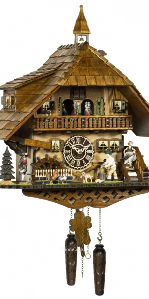 นาฬิกากุ๊กกูเยอรมัน Black Forest Germany ระบบ Quartz พร้อมเสียงดนตรี บ้านไม้สไตล์ Black Forest คนตัดไม้เคลื่อนไหว กังหันน้ำหมุนได้ รหัสสินค้า 0331