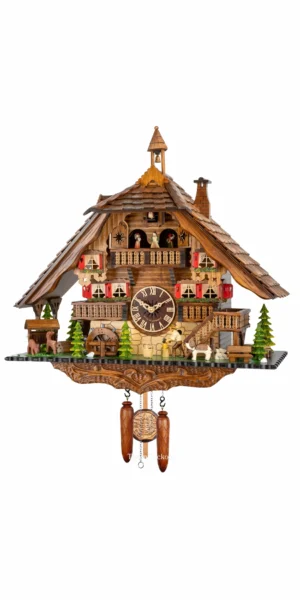 นาฬิกากุ๊กกูเยอรมัน Black Forest Germany ระบบ Quartz พร้อมเสียงดนตรี บ้านไม้สไตล์ Black Forest คนตัดไม้เคลื่อนไหว กังหันน้ำหมุนได้ รหัสสินค้า 0332