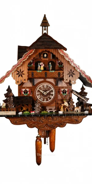 นาฬิกากุ๊กกูเยอรมัน Black Forest Germany ระบบ Quartz พร้อมเสียงดนตรี บ้านไม้สไตล์ Black Forest คนตัดไม้เคลื่อนไหว กังหันน้ำหมุนได้ รหัสสินค้า 0334