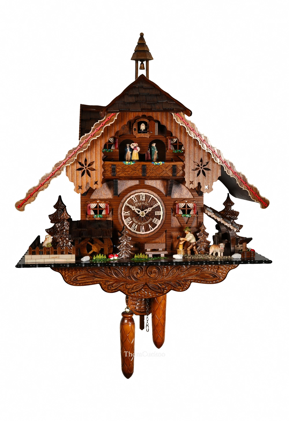 นาฬิกากุ๊กกูเยอรมัน Black Forest Germany ระบบ Quartz พร้อมเสียงดนตรี บ้านไม้สไตล์ Black Forest คนตัดไม้เคลื่อนไหว กังหันน้ำหมุนได้ รหัสสินค้า 0334
