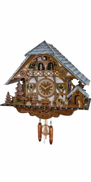 นาฬิกากุ๊กกูเยอรมัน Black Forest Germany ระบบ Quartz พร้อมเสียงดนตรี บ้านไม้สไตล์ Black Forest คนตัดไม้เคลื่อนไหว กังหันน้ำหมุนได้ ตุ๊กตาเต้นระบำ รหัสสินค้า 0335