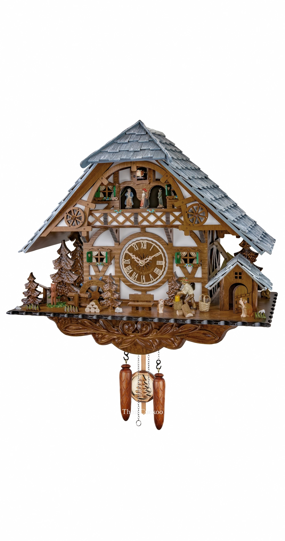 นาฬิกากุ๊กกูเยอรมัน Black Forest Germany ระบบ Quartz พร้อมเสียงดนตรี บ้านไม้สไตล์ Black Forest คนตัดไม้เคลื่อนไหว กังหันน้ำหมุนได้ ตุ๊กตาเต้นระบำ รหัสสินค้า 0335
