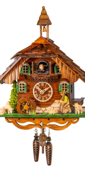 นาฬิกากุ๊กกูเยอรมัน Black Forest Germany ระบบ Quartz พร้อมเสียงดนตรี บ้านไม้สไตล์ Black Forest กังหันน้ำหมุนได้ นักเดินป่าเคลื่อนไหว รหัสสินค้า 0195