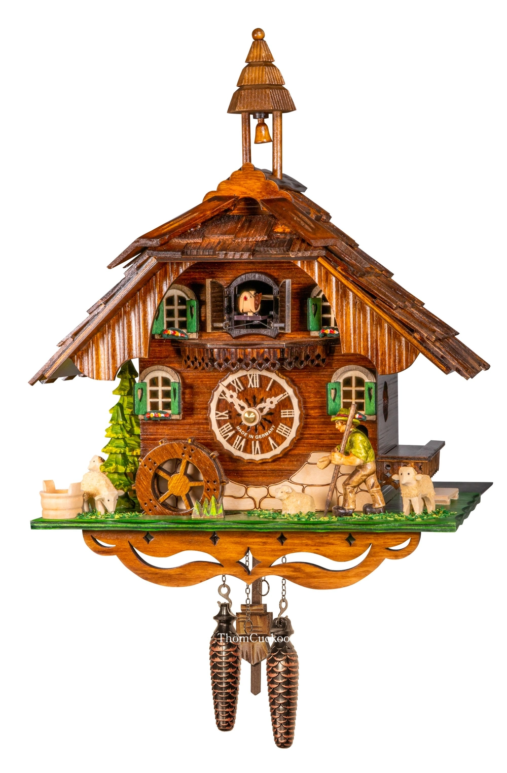 นาฬิกากุ๊กกูเยอรมัน Black Forest Germany ระบบ Quartz พร้อมเสียงดนตรี บ้านไม้สไตล์ Black Forest กังหันน้ำหมุนได้ นักเดินป่าเคลื่อนไหว รหัสสินค้า 0195