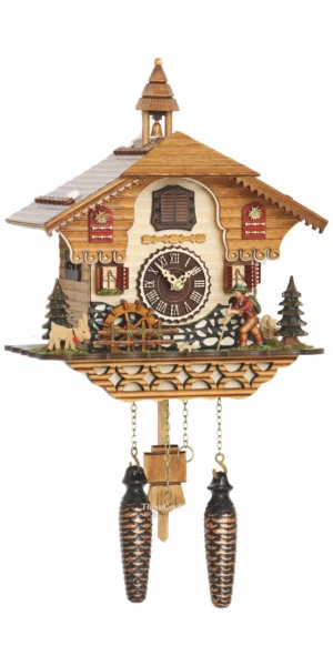 นาฬิกากุ๊กกูเยอรมัน Black Forest Germany ระบบ Quartz พร้อมเสียงดนตรี บ้านไม้สไตล์ Black Forest กังหันน้ำหมุนได้ นักเดินป่าเคลื่อนไหว รหัสสินค้า 0203