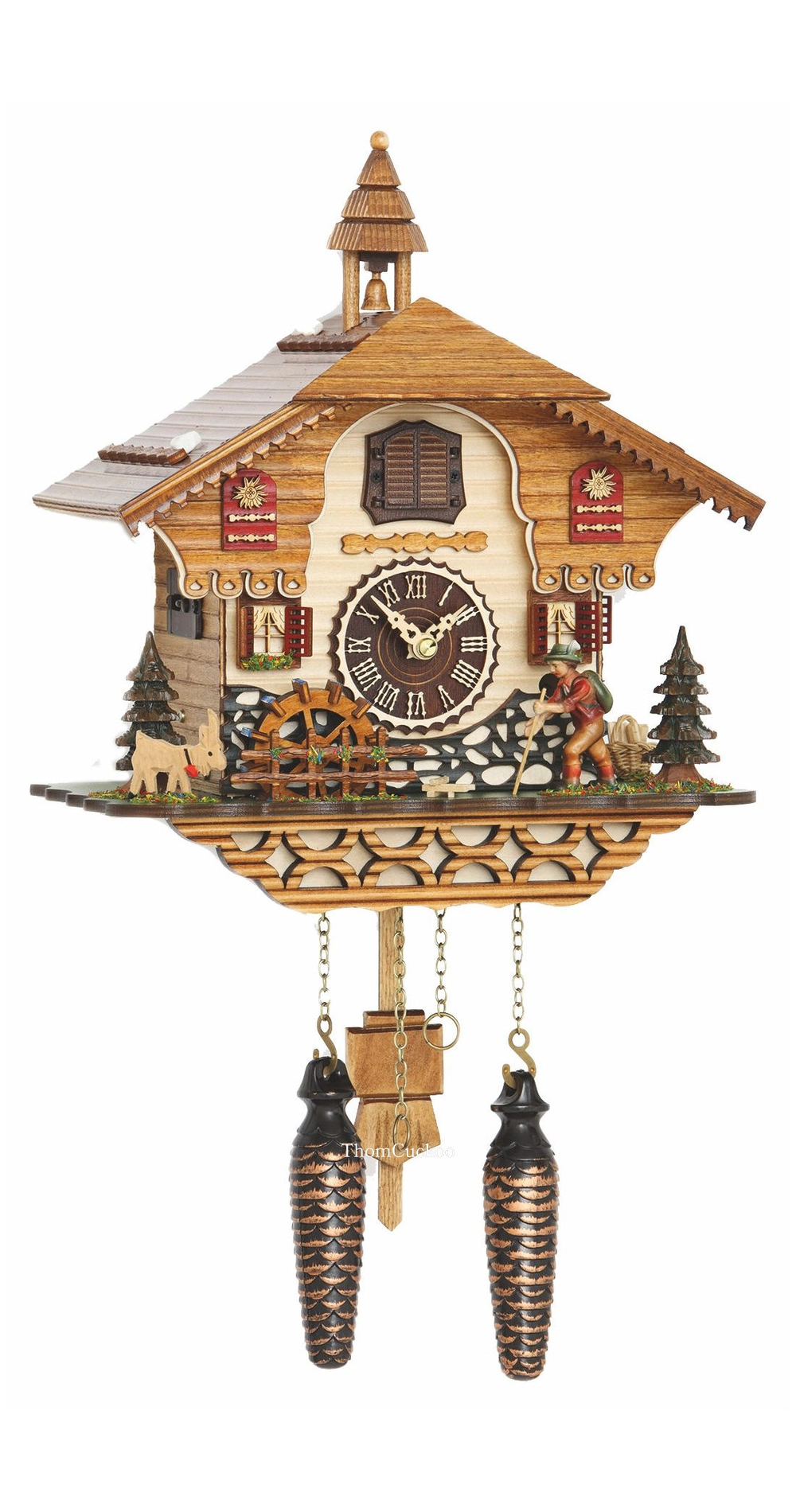 นาฬิกากุ๊กกูเยอรมัน Black Forest Germany ระบบ Quartz พร้อมเสียงดนตรี บ้านไม้สไตล์ Black Forest กังหันน้ำหมุนได้ นักเดินป่าเคลื่อนไหว รหัสสินค้า 0203
