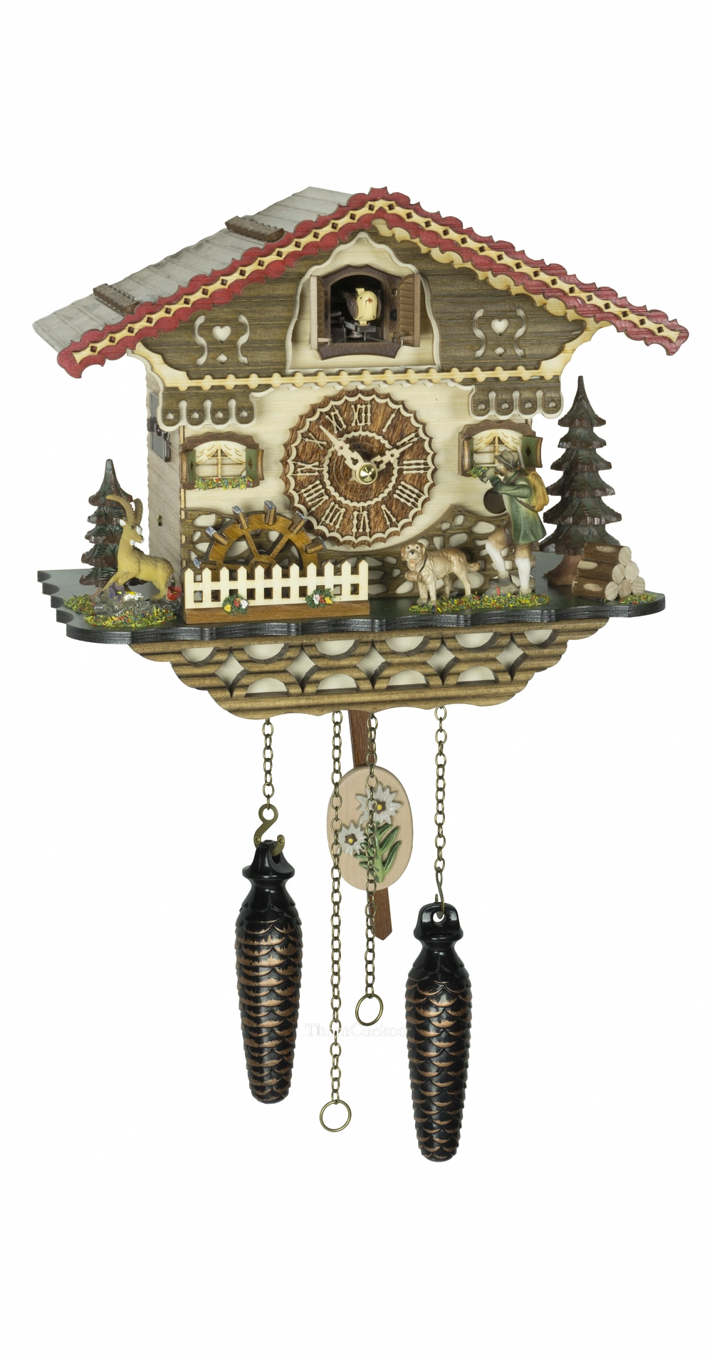 นาฬิกากุ๊กกูเยอรมัน Black Forest Germany ระบบ Quartz พร้อมเสียงดนตรี บ้านไม้สไตล์ Black Forest กังหันน้ำหมุนได้ นายพรานเคลื่อนไหว ธีมนายพราน รหัสสินค้า 0204
