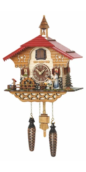 นาฬิกากุ๊กกูเยอรมัน Black Forest Germany ระบบ Quartz พร้อมเสียงดนตรี บ้านไม้สไตล์ Black Forest กังหันน้ำหมุนได้ ตัวละครหญิงเคลื่อนไหว รหัสสินค้า 0209