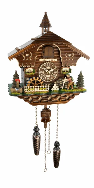 นาฬิกากุ๊กกูเยอรมัน Black Forest Germany ระบบ Quartz พร้อมเสียงดนตรี บ้านไม้สไตล์ Black Forest กังหันน้ำหมุนได้ นักเดินป่าเคลื่อนไหว รหัสสินค้า 0215