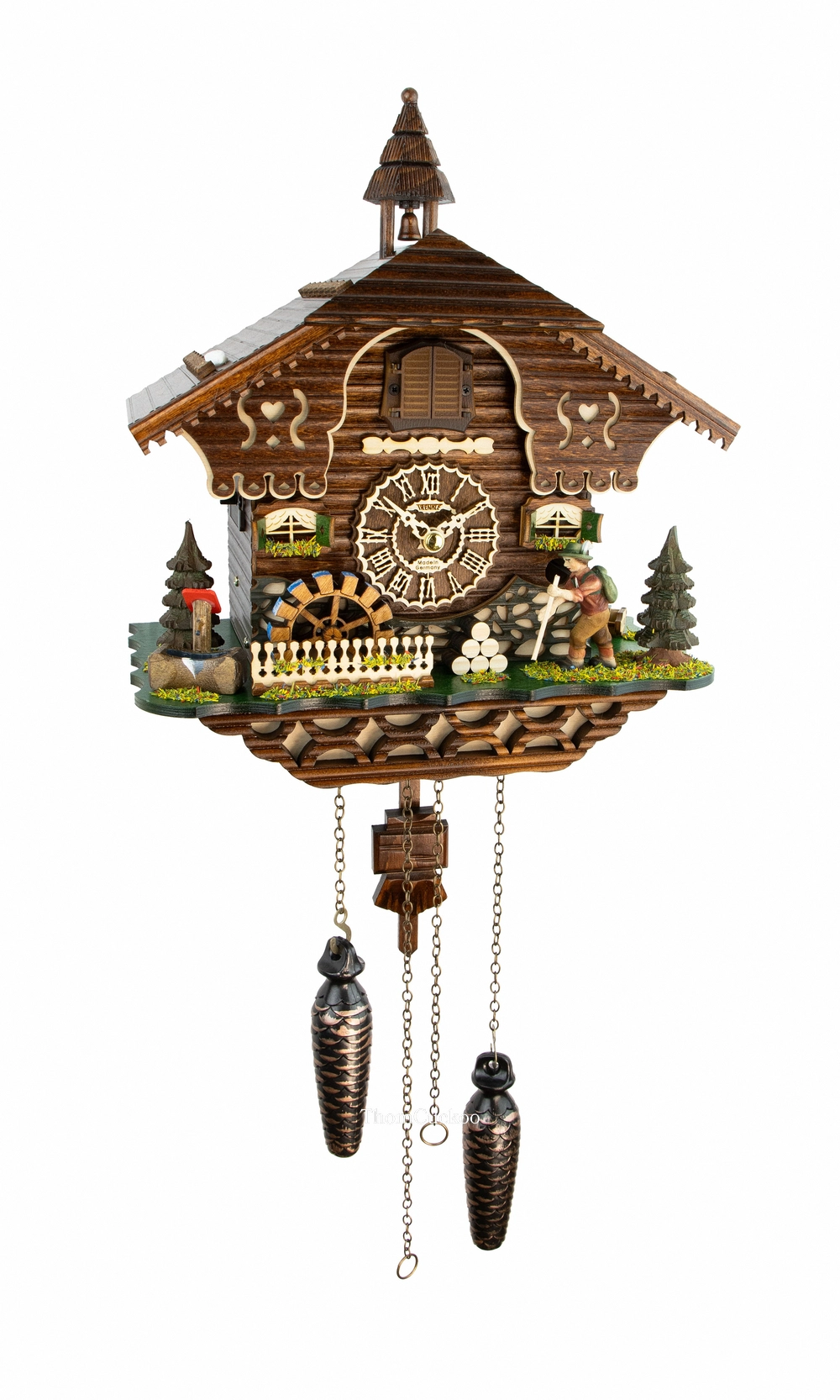 นาฬิกากุ๊กกูเยอรมัน Black Forest Germany ระบบ Quartz พร้อมเสียงดนตรี บ้านไม้สไตล์ Black Forest กังหันน้ำหมุนได้ นักเดินป่าเคลื่อนไหว รหัสสินค้า 0215