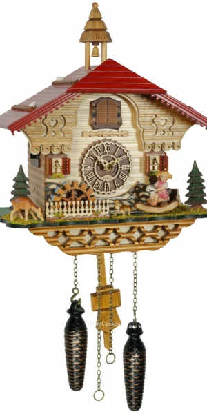 นาฬิกากุ๊กกูเยอรมัน Black Forest Germany ระบบ Quartz พร้อมเสียงดนตรี บ้านไม้สไตล์ Black Forest กังหันน้ำหมุนได้ ชิงช้าเคลื่อนไหว รหัสสินค้า 0216
