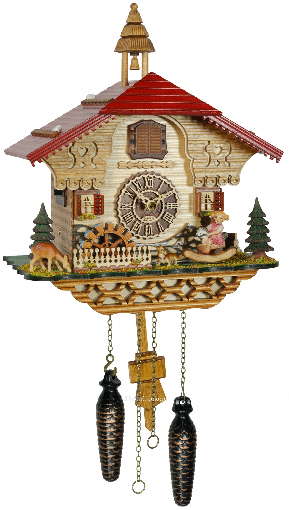 นาฬิกากุ๊กกูเยอรมัน Black Forest Germany ระบบ Quartz พร้อมเสียงดนตรี บ้านไม้สไตล์ Black Forest กังหันน้ำหมุนได้ ชิงช้าเคลื่อนไหว รหัสสินค้า 0216
