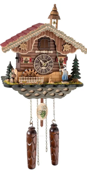 นาฬิกากุ๊กกูเยอรมัน Black Forest Germany ระบบ Quartz พร้อมเสียงดนตรี บ้านไม้สไตล์ Black Forest กังหันน้ำหมุนได้ คนตีระฆังเคลื่อนไหว รหัสสินค้า 0227