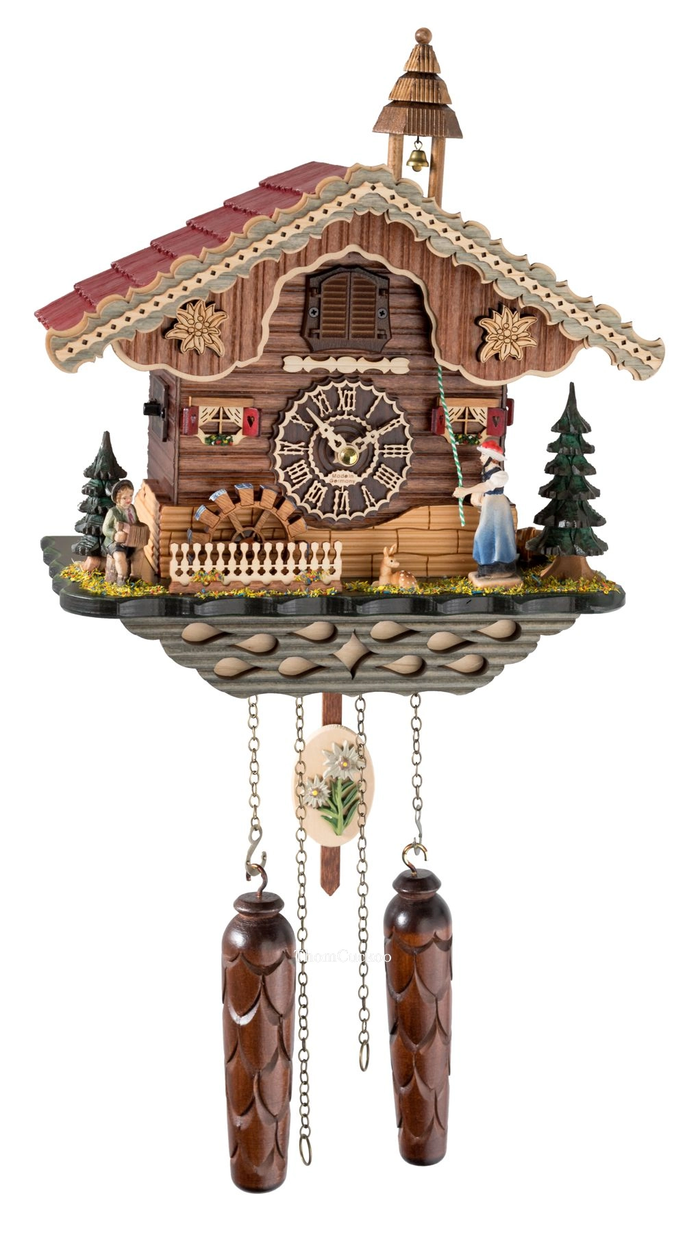 นาฬิกากุ๊กกูเยอรมัน Black Forest Germany ระบบ Quartz พร้อมเสียงดนตรี บ้านไม้สไตล์ Black Forest กังหันน้ำหมุนได้ คนตีระฆังเคลื่อนไหว รหัสสินค้า 0227