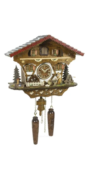 นาฬิกากุ๊กกูเยอรมัน Black Forest Germany ระบบ Quartz พร้อมเสียงดนตรี บ้านไม้สไตล์ Black Forest กังหันน้ำหมุนได้ ช่างตีเหล็กเคลื่อนไหว รหัสสินค้า 0237