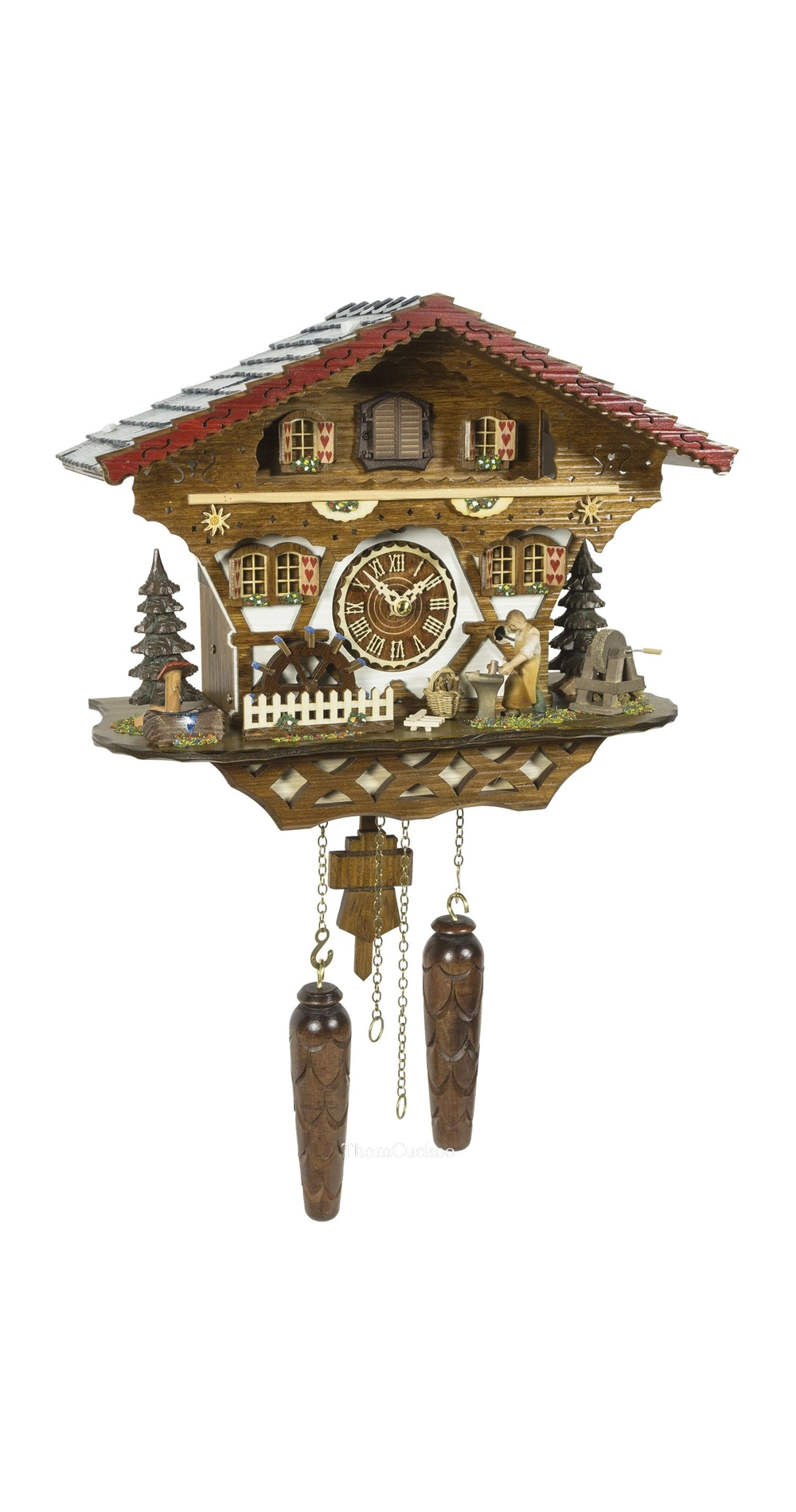 นาฬิกากุ๊กกูเยอรมัน Black Forest Germany ระบบ Quartz พร้อมเสียงดนตรี บ้านไม้สไตล์ Black Forest กังหันน้ำหมุนได้ ช่างตีเหล็กเคลื่อนไหว รหัสสินค้า 0237