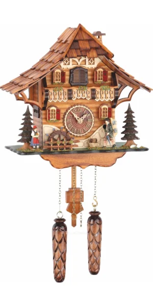 นาฬิกากุ๊กกูเยอรมัน Black Forest Germany ระบบ Quartz พร้อมเสียงดนตรี บ้านไม้สไตล์ Black Forest กังหันน้ำหมุนได้ ช่างนาฬิกาเคลื่อนไหว รหัสสินค้า 0240