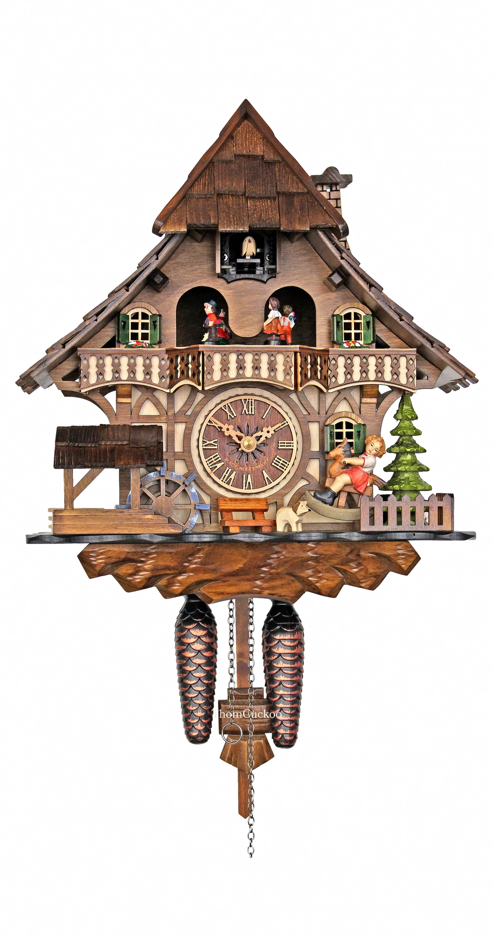 นาฬิกากุ๊กกูเยอรมัน Black Forest Germany ระบบ Quartz พร้อมเสียงดนตรี บ้านไม้สไตล์ Black Forest กังหันน้ำหมุนได้ ชิงช้าเคลื่อนไหว รหัสสินค้า 0255