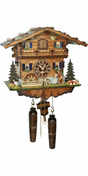 นาฬิกากุ๊กกูเยอรมัน Black Forest Germany ระบบ Quartz พร้อมเสียงดนตรี บ้านไม้สไตล์ Black Forest กังหันน้ำหมุนได้ นักเดินป่าเคลื่อนไหว รหัสสินค้า 0258