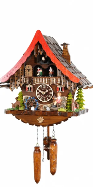นาฬิกากุ๊กกูเยอรมัน Black Forest Germany ระบบ Quartz พร้อมเสียงดนตรี บ้านไม้สไตล์ Black Forest กังหันน้ำหมุนได้ ชิงช้าเคลื่อนไหว รหัสสินค้า 0265