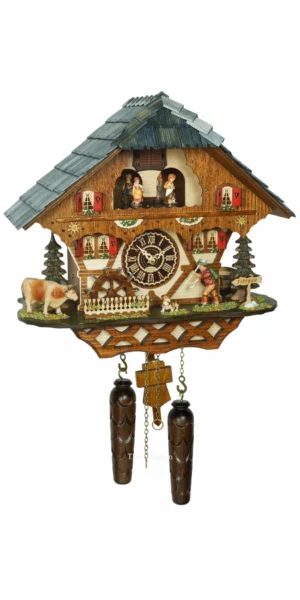 นาฬิกากุ๊กกูเยอรมัน Black Forest Germany ระบบ Quartz พร้อมเสียงดนตรี บ้านไม้สไตล์ Black Forest กังหันน้ำหมุนได้ ตุ๊กตาเต้นระบำ นักเดินป่าเคลื่อนไหว รหัสสินค้า 0293