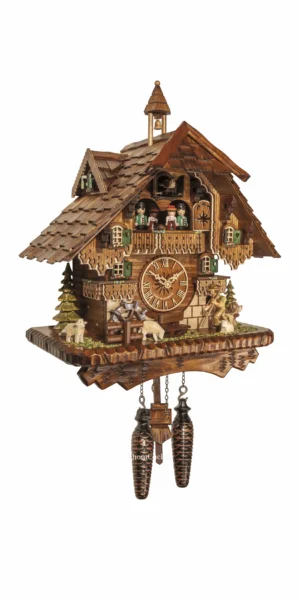 นาฬิกากุ๊กกูเยอรมัน Black Forest Germany ระบบ Quartz พร้อมเสียงดนตรี บ้านไม้สไตล์ Black Forest กังหันน้ำหมุนได้ ตุ๊กตาเต้นระบำ นักเดินป่าเคลื่อนไหว รหัสสินค้า 0294