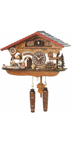 นาฬิกากุ๊กกูเยอรมัน Black Forest Germany ระบบ Quartz พร้อมเสียงดนตรี บ้านไม้สไตล์ Black Forest กังหันน้ำหมุนได้ ตัวละครหญิงเคลื่อนไหว รหัสสินค้า 0300