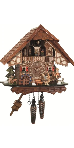 นาฬิกากุ๊กกูเยอรมัน Black Forest Germany ระบบ Quartz พร้อมเสียงดนตรี บ้านไม้สไตล์ Black Forest กังหันน้ำหมุนได้ ชิงช้าเคลื่อนไหว รหัสสินค้า 0309
