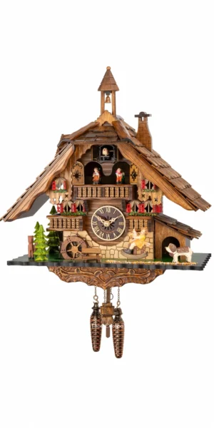 นาฬิกากุ๊กกูเยอรมัน Black Forest Germany ระบบ Quartz พร้อมเสียงดนตรี บ้านไม้สไตล์ Black Forest กังหันน้ำหมุนได้ ชิงช้าเคลื่อนไหว รหัสสินค้า 0311