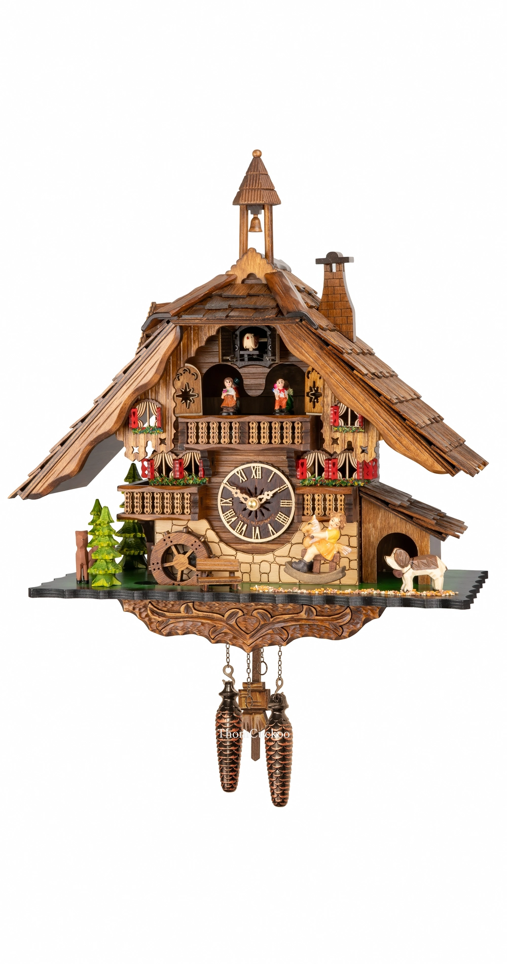 นาฬิกากุ๊กกูเยอรมัน Black Forest Germany ระบบ Quartz พร้อมเสียงดนตรี บ้านไม้สไตล์ Black Forest กังหันน้ำหมุนได้ ชิงช้าเคลื่อนไหว รหัสสินค้า 0311