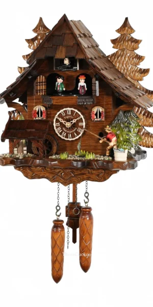 นาฬิกากุ๊กกูเยอรมัน Black Forest Germany ระบบ Quartz พร้อมเสียงดนตรี บ้านไม้สไตล์ Black Forest กังหันน้ำหมุนได้ คนตกปลาเคลื่อนไหว รหัสสินค้า 0316