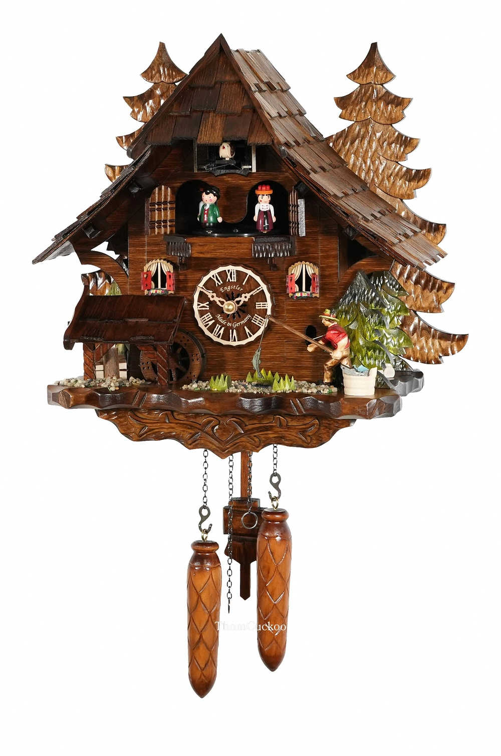 นาฬิกากุ๊กกูเยอรมัน Black Forest Germany ระบบ Quartz พร้อมเสียงดนตรี บ้านไม้สไตล์ Black Forest กังหันน้ำหมุนได้ คนตกปลาเคลื่อนไหว รหัสสินค้า 0316