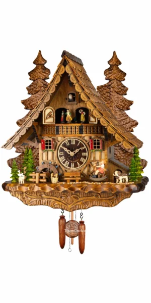 นาฬิกากุ๊กกูเยอรมัน Black Forest Germany ระบบ Quartz พร้อมเสียงดนตรี บ้านไม้สไตล์ Black Forest กังหันน้ำหมุนได้ ชิงช้าเคลื่อนไหว รหัสสินค้า 0325